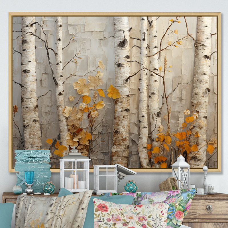 Élégance de bouleau d'automne - art mural grand arbre, Cadre flottant brun, H 34 po x l 44 po x P 1,5 po