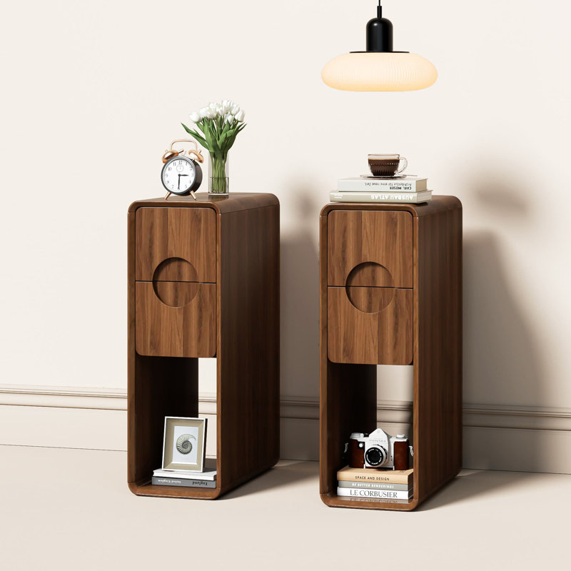 Narrow Side Table Set Of 2, Small End Table With 2 Drawers, Skinny Side Table, Mid Century Modern Side Table For Living Room, Small Spaces