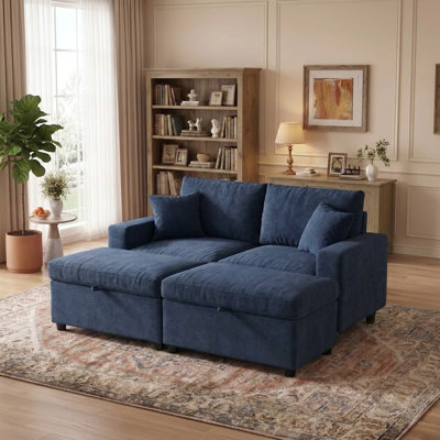 Méridienne surdimensionnée en chenille de 157 cm avec rangement, canapé-lit convertible deux places avec pouf, fauteuil profond confortable de style nuage, coin de lecture spacieux pour adultes, canapé moderne pour salon, bleu