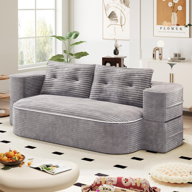 Boneless 78.7" Foldable Sleeper Sofa Bed Full-Size Corduroy Compression Couch Bed - No Assembly Required, Light Gray