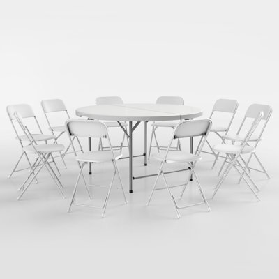 Laesha Plastic Bi-Fold Round Dining Table with 10Pcs Foldable Chairs Set for Indoor and Outdoor Use