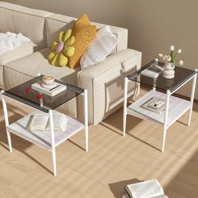Ensemble de 2 tables de bout rectangulaires, plateau de table en verre trempé avec panneau de fibres à densité moyenne, table de salon moderne, verre