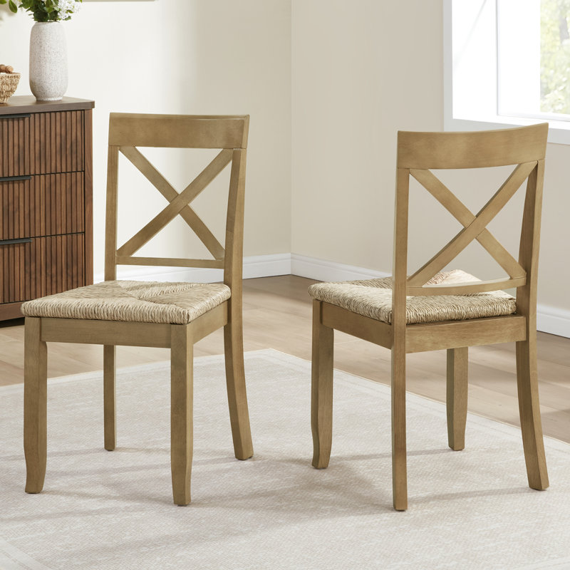 Chaise en bois massif de style campagnard à dossier en X avec siège tissé, Naturel