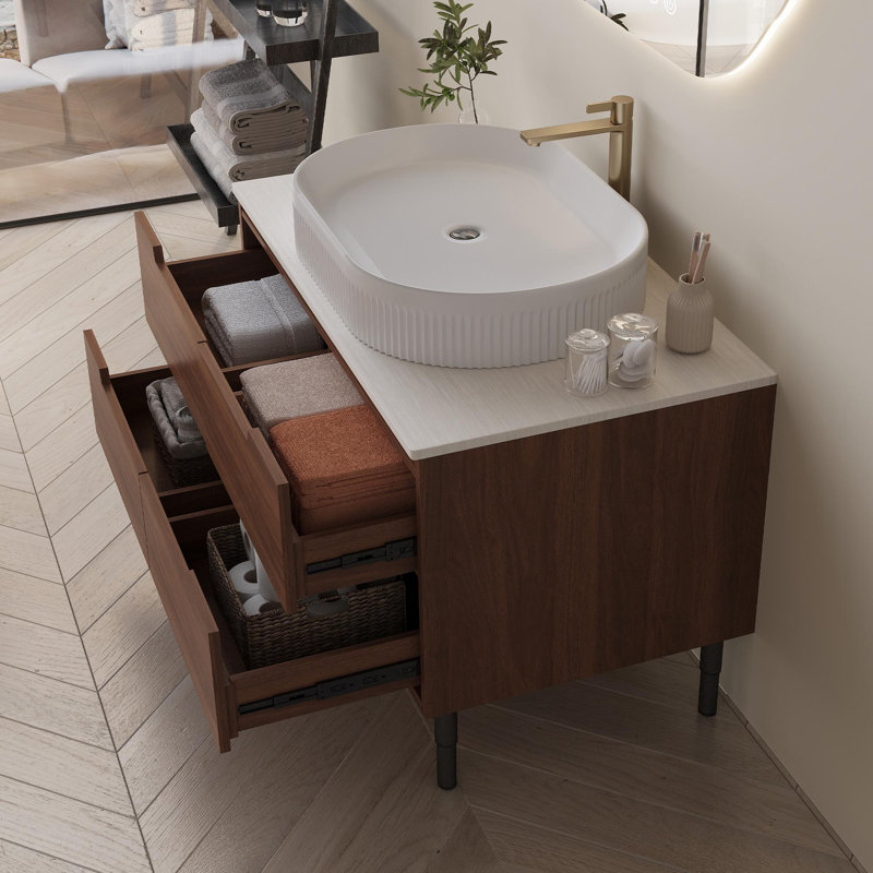 Meuble-lavabo de salle de bain avec tiroirs à fermeture en douceur, Noyer