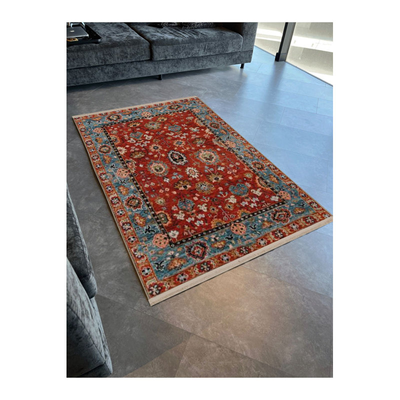 Tapis décoratif décoratif à franges rétro bourgogne traditionnel, Rectangle 2 pi 6 po x 4 pi 11 po