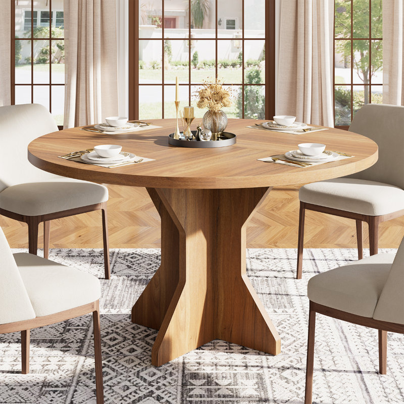 Round Dining Table for 4-6 People - 47" Circle Kitchen Dinner Table with Sturdy Pedestal Base, Small Spaces Dinning Room Furniture for Living Room, Kitchen, Apartment, Natural