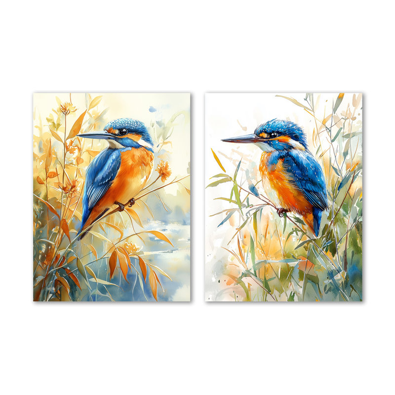 Martin-pêcheur bleu dans les roseaux Bird I - oiseaux, ensemble de 2 décorations murales en métal, 32" H x 48" W
