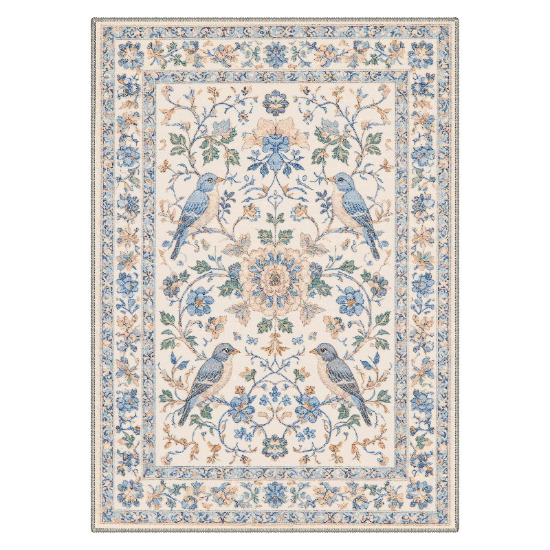 Aura Floral Machine Washable Beige / Blue Indoor Area Rug with Non-Slip Backing, Rectangle 9' x 12'