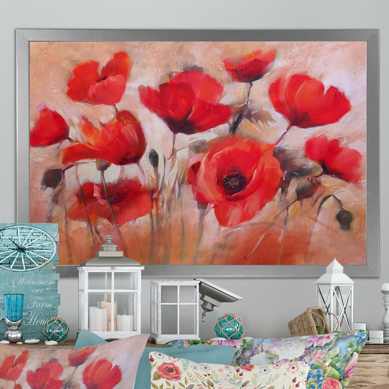 Red Blooming Poppies V - reproduction de cadre flottant sur toile, H 8 po x l 12 po x P 1 po, Cadre photo argenté