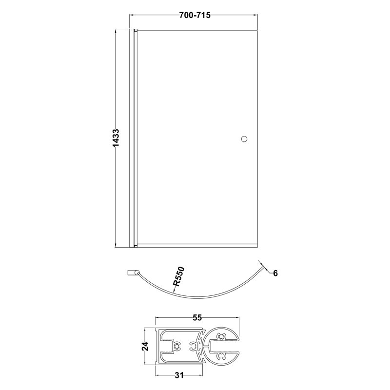 Pacific 720mm W x 1435mm H Hinged Semi-Frameless Tub Door with Clear Glass, Knob