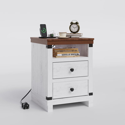 Table de chevet avec station de charge, table de chevet de ferme avec 2 tiroirs et tablette de rangement ouverte, ports et prises USB