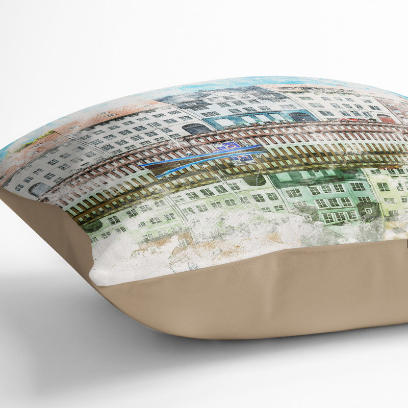 Nyhavn in Copenhagen Watercolour Cushion with Filling, 40cm H x 40cm W x 15cm D, Stone