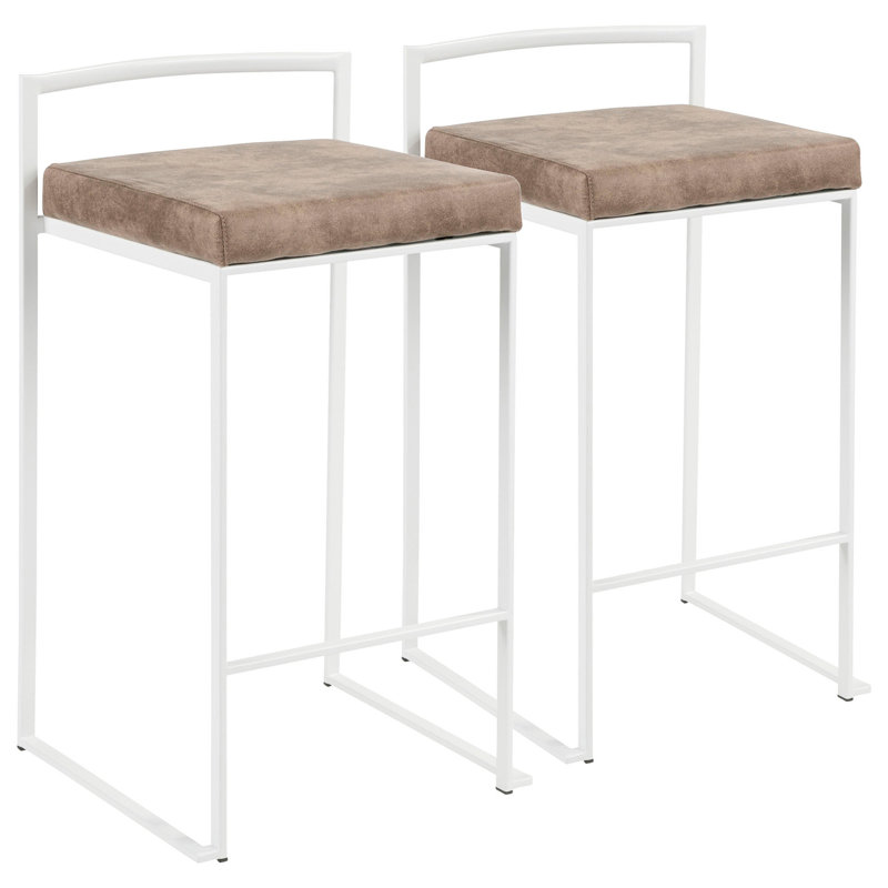 Tabouret de comptoir empilable contemporain Fuji en blanc avec coussin en tissu Cowboy brun par Lumisource, Brun