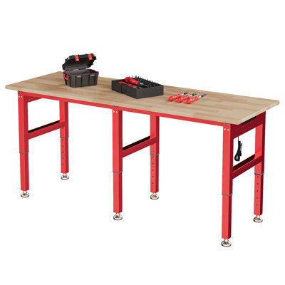  Alok Red Adjustable Heavy-Duty Workbench with Power Outlets, 6000 Lbs Capacity, Rubber Wood Top for Garage, Workshop, Office