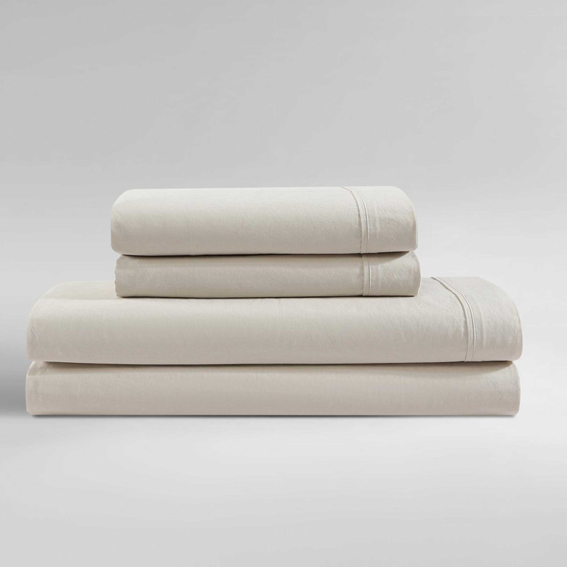 Calvin Klein Washed Cotton Percale Sheet Set, Light Beige, Twin XL Sheet Set with 1 Pillowcase