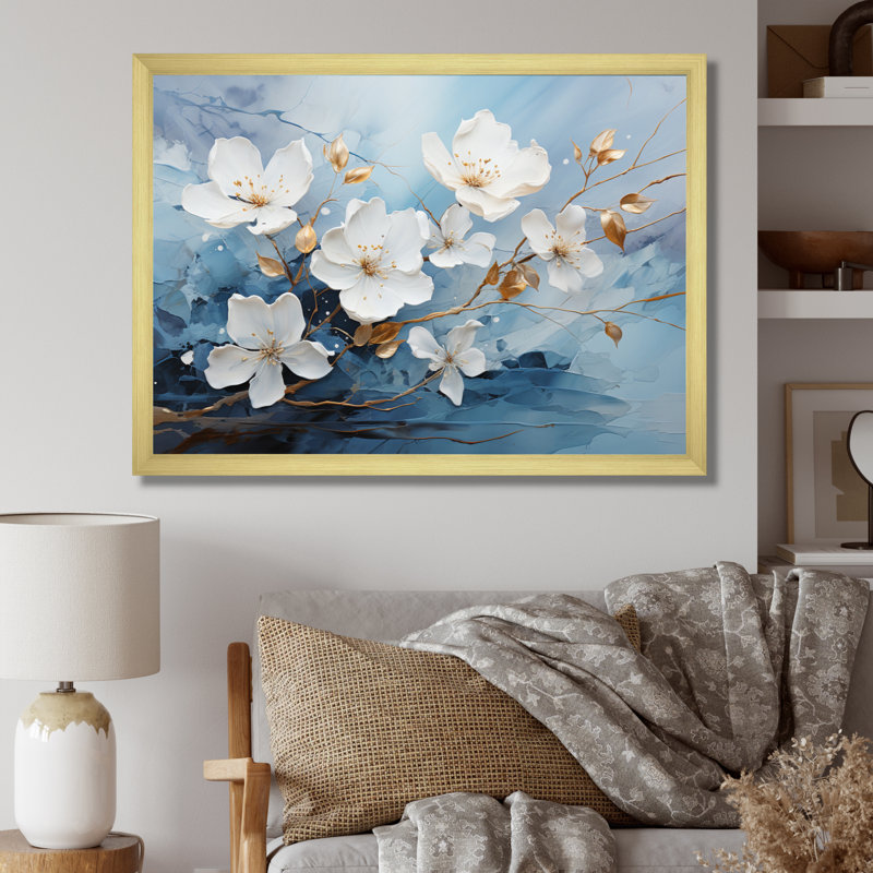 " Abstract Nimbus Intense Flowers ", 16" H x 32" W x 1" D, Gold Picture Framed