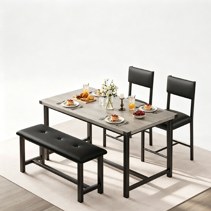 Ensemble de table de salle à manger 4 pièces, table de salle à manger en bois avec 2 chaises rembourrées et banc, ensemble de table de salle à manger compact et durable pour la cuisine, la salle à manger, l’appartement et les petits espaces.