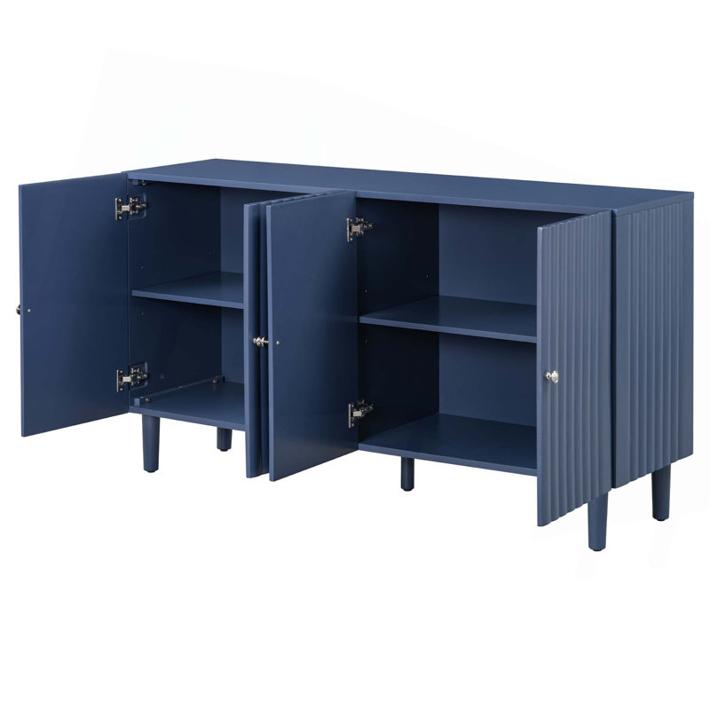 Elegant Four-Door Sideboard With Wavy Pattern Doors,Cylindrical Legs,And Sleek Metal Handles,Adjustable,Suitable For Study,Entryway And Living Room