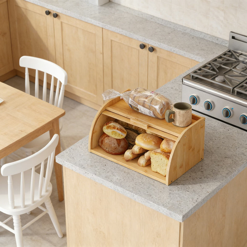 Boîte à pain de coin pour comptoir de cuisine, corbeille à pain en bois de bambou naturel avec conception peu encombrante pour le rangement du pain, des collations et des ustensiles