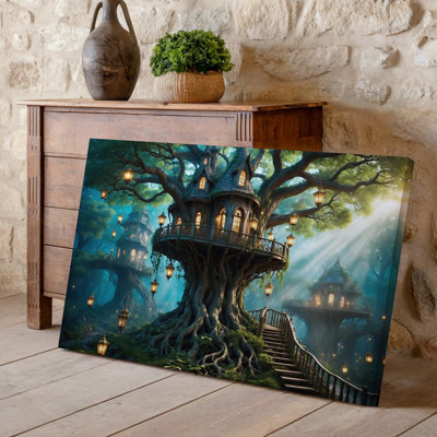 Canvas A Whimsical Intricately Designed Treehouse Nestled In A Massive Gnarled Wall Art Tree Surrounded By Lush Greenery And Moss The Canvas Wall Art
