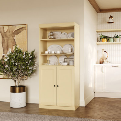 100% Solid Wood Kitchen Pantry Cabinet, Tall Freestanding Modular Storage With Open Shelf & Shaker Doors & 2 Drawers, Adjustable Shelves, 32" W X 71.5