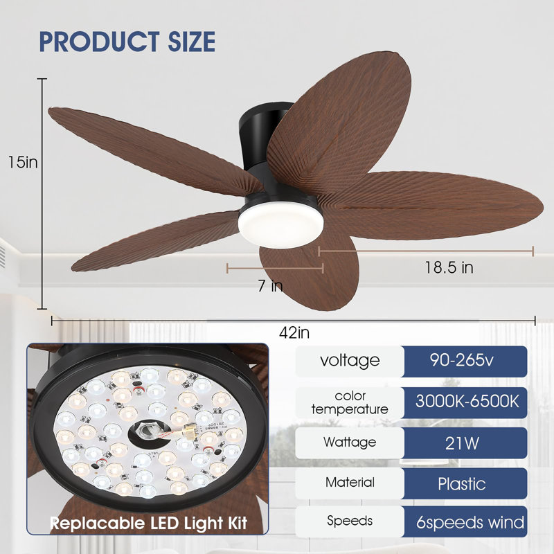 42 inch Tropical Ceiling Fan with Light and Remote/APP Control, Brown