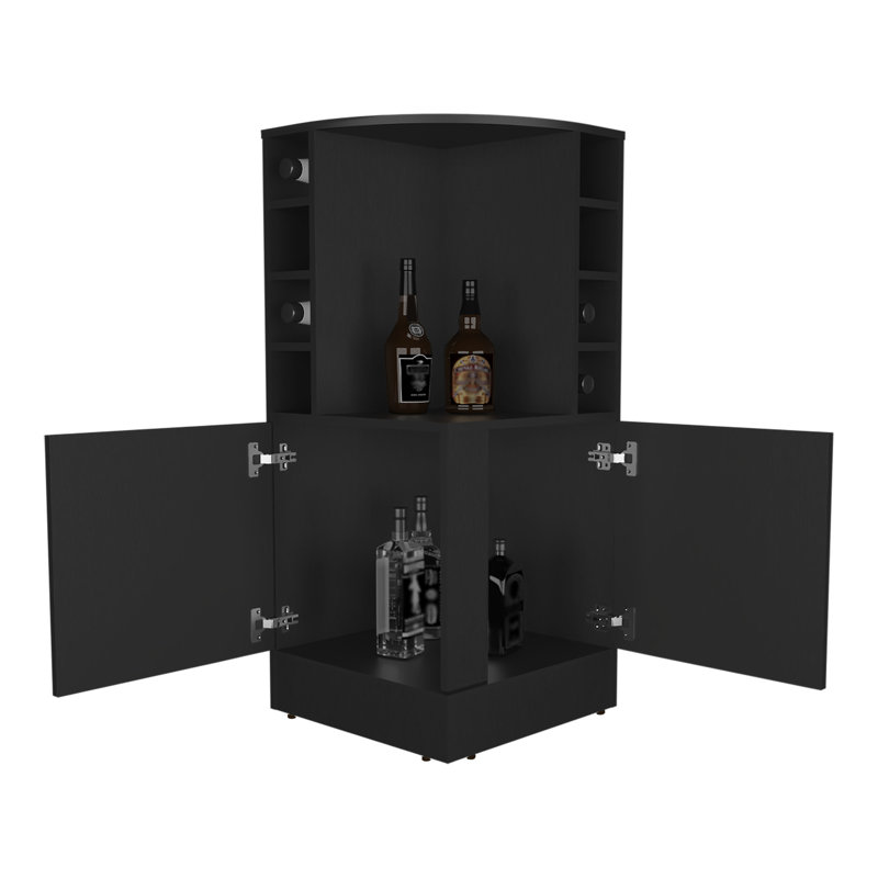 42" Tall Black Corner Bar Cabinet - 8 Wine Bottle , Double Door Modern Vibe 43" Storage In For Luring, Black