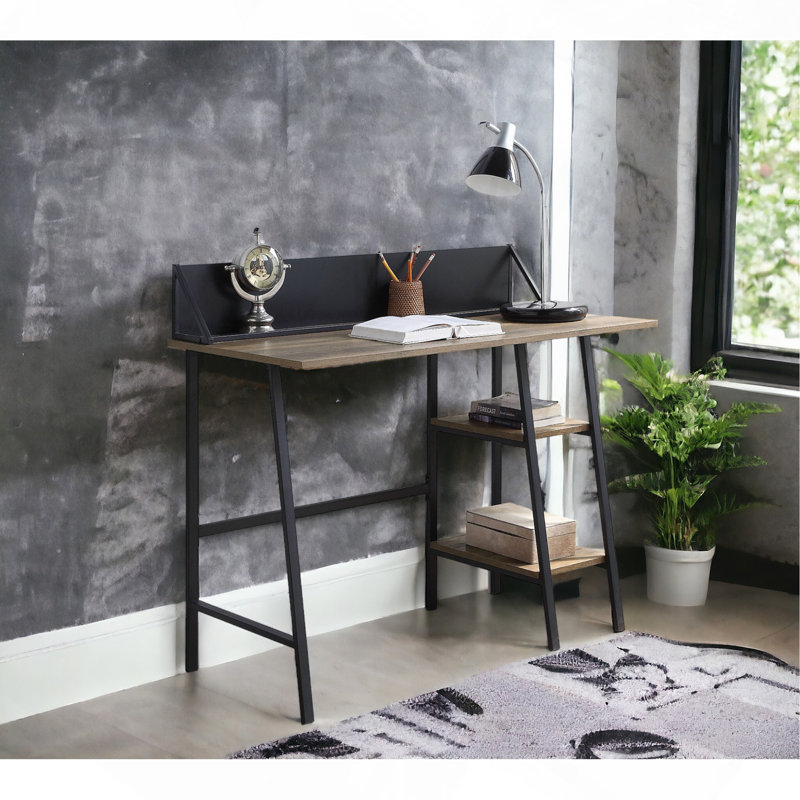 Bureau d'écriture rustique en chêne et noir à 2 tablettes avec base en forme de H