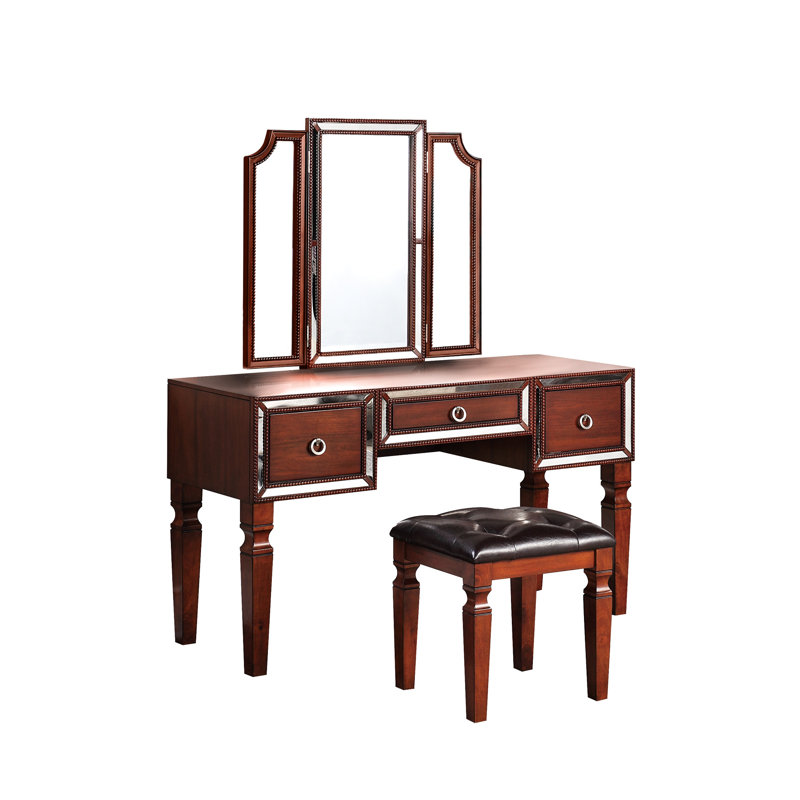 Mobilier de chambre à coucher en cerisier de luxe - coiffeuse avec tabouret, 3 tiroirs et miroir tricolore