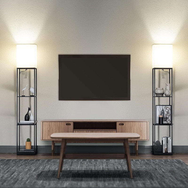 Lampe sur pied avec tablettes à 3 niveaux, lampe sur pied noire avec rangement, éclairage d'angle moderne pour le salon et la chambre à coucher