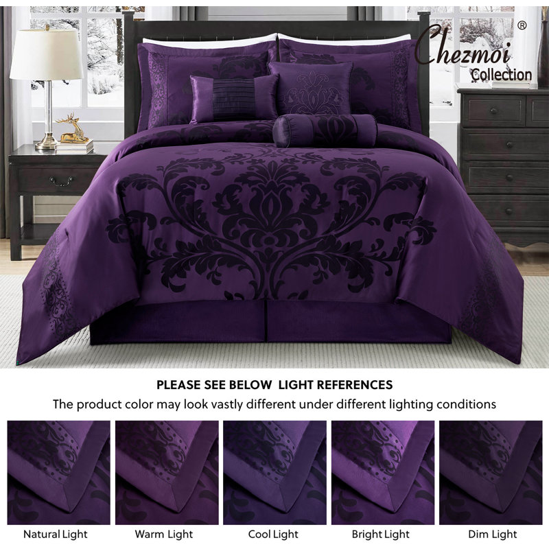Royale Jacquard Floral 7 Piece Comforter Set, Purple/Dark Purple, Oversized Queen Comforter + 6 Additional Pieces