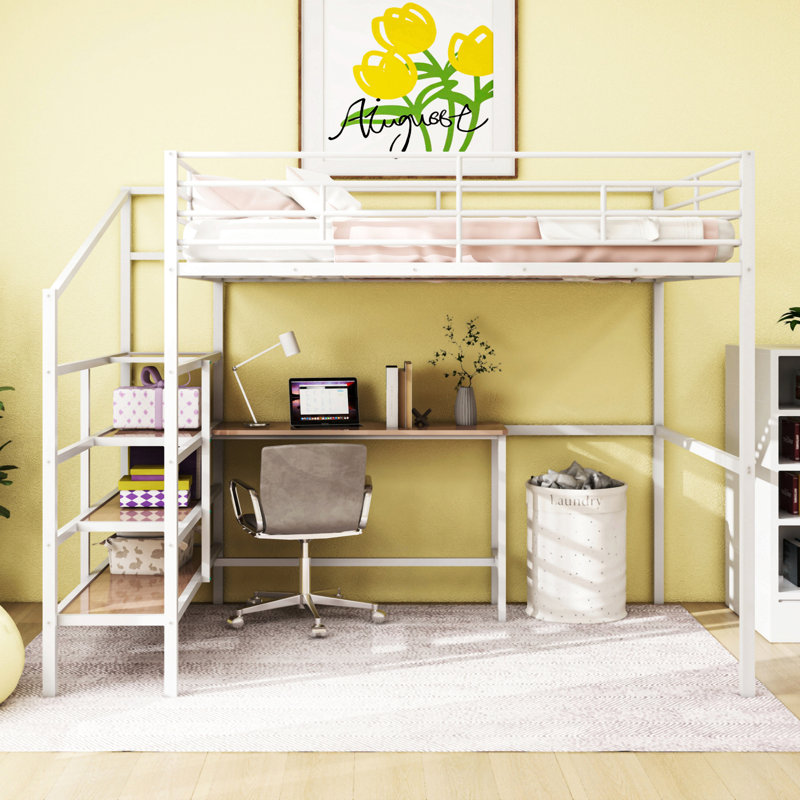 Lit mezzanine double en métal avec bureau et échelle de rangement latérale