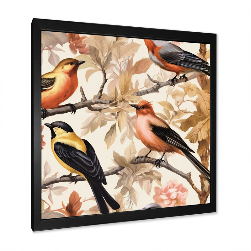" Yellow Black Birds On Trees ", 16" H x 16" W x 1" D, Black Single Picture Framed