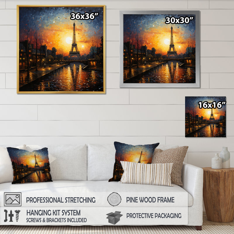 Coucher de soleil français à Paris - reproduction, H 36 po x l 36 po x P 1,5 po, Cadre simple noir