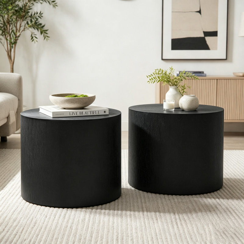 Ensemble de 2 tables basses gigognes avec pieds antidérapants et design moderne, Black