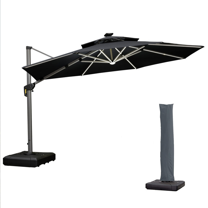 3.6m Square Lighted Cantilever Parasol With Base And Umbrella Cover, Grey