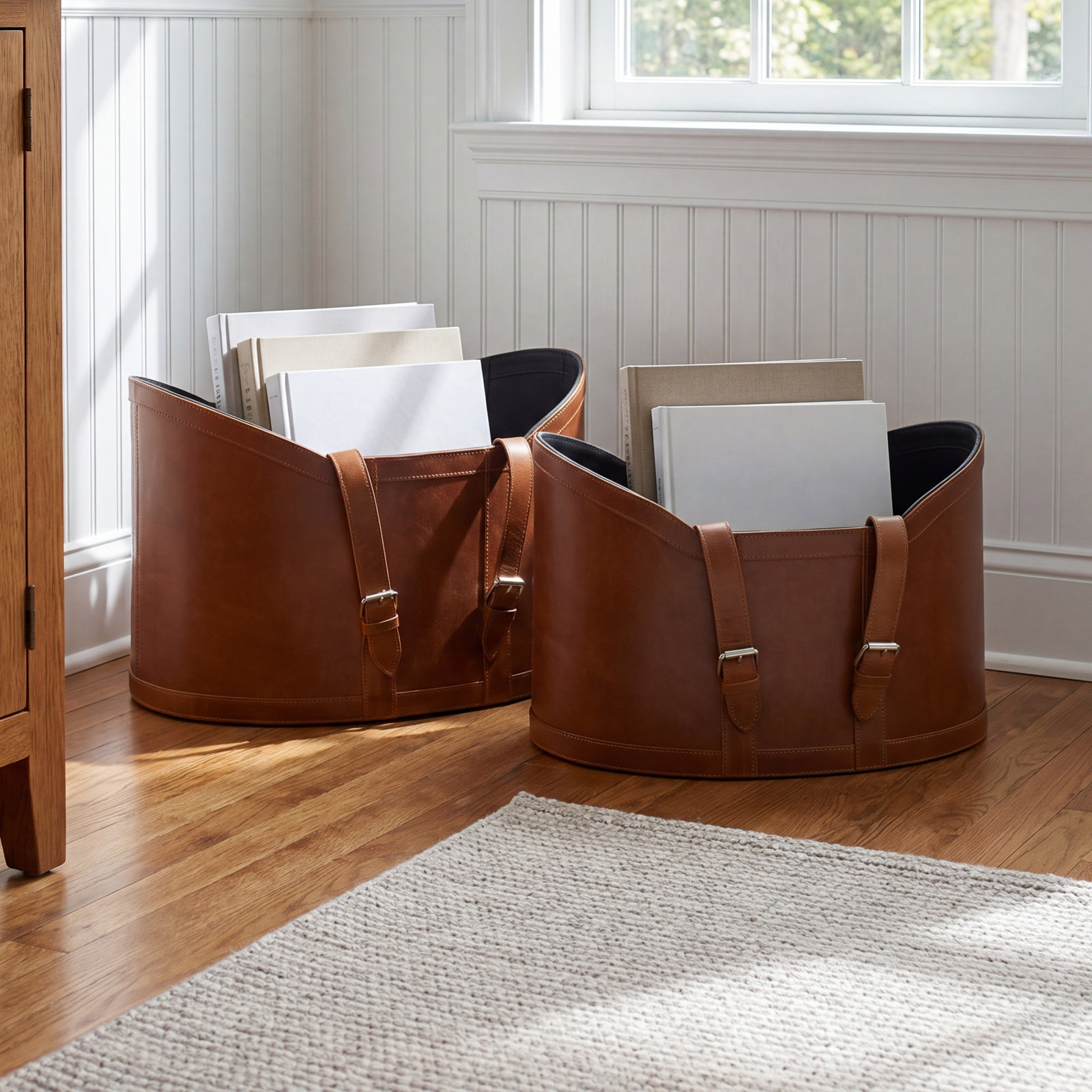Handmade Genuine Leather Storage Bin Set, Brown