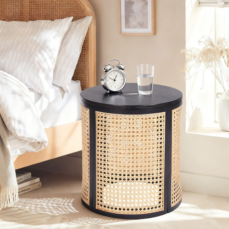 Table de chevet ronde avec rangement Boho, Noir