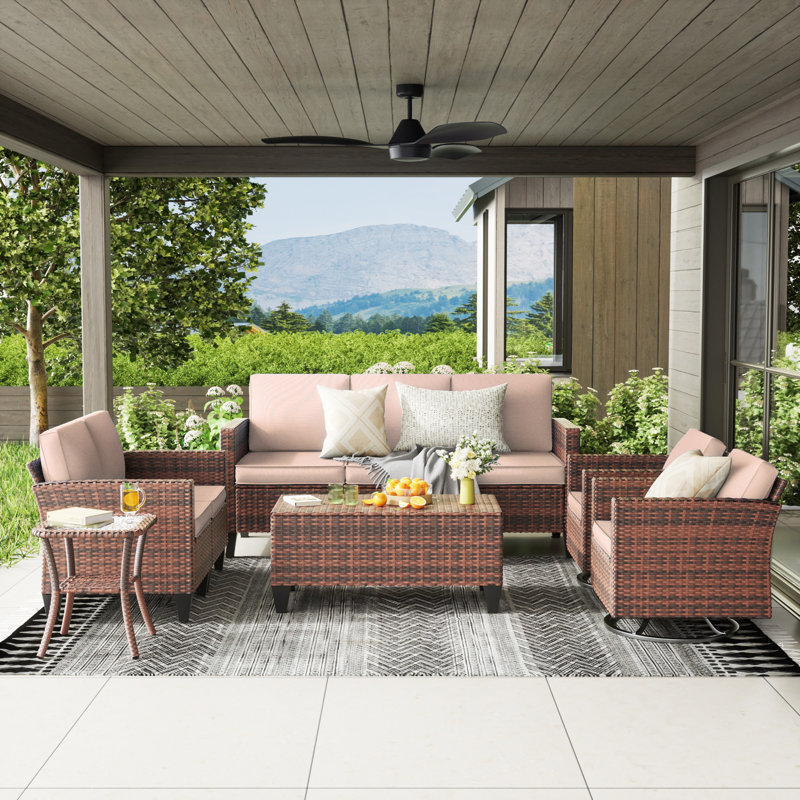 Kisner 7 - Person Outdoor Wicker Sofa Seating Group With Cushions And Table, Beige