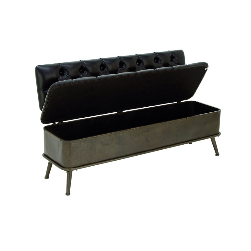 Banc de rangement noir en métal avec similicuir capitonné, 54 po x 19 po x 31 po