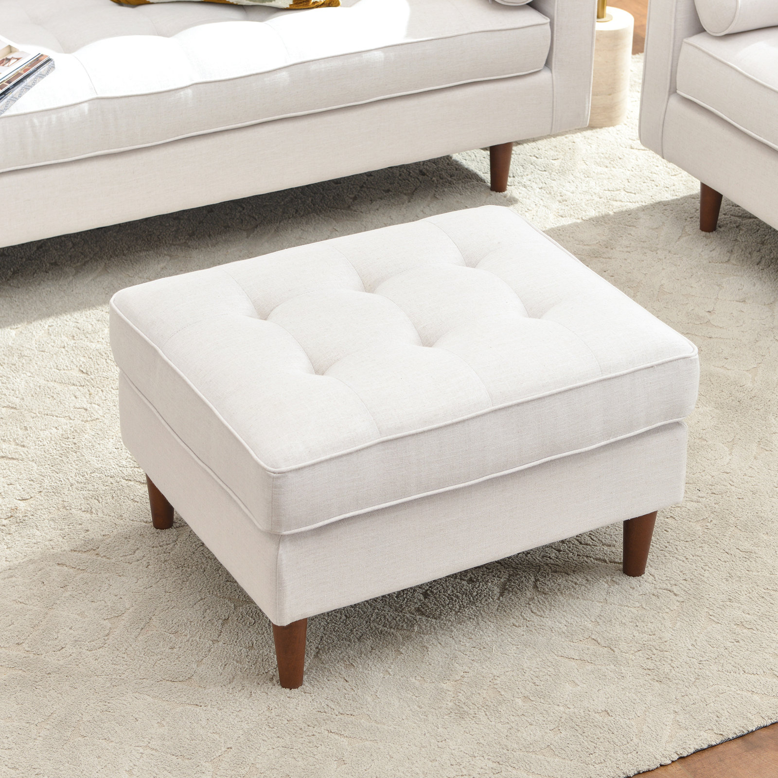 Geo 30" Linen Upholstered Ottoman, Linen, Ivory