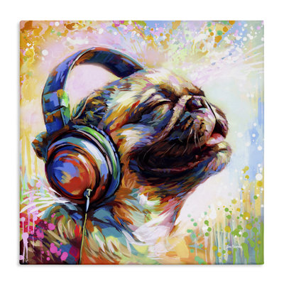 Art mural sur toile "Blissful Music Pug" par Leon Devenice