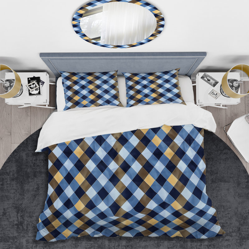 Blue Yellow Gingham Print II - Modern Duvet Cover Set, King Duvet Cover + 2 King Shams