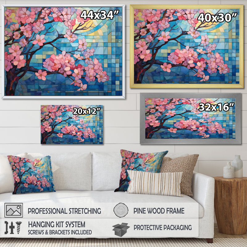 " Collage Pink And Blue Blossoms ", 12" H x 20" W, Black Floater Framed