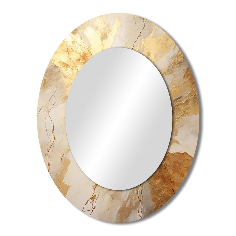Beige And Gold Marble Lightning - Abstract Oval Decorative Mirror On Metal, 43" x 33"