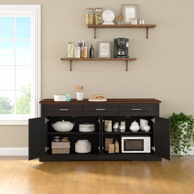 Buffet de style buffet cannelé de 63 po avec rangement, station de café moderne avec 4 portes et 3 tiroirs, console de rangement en bois pour le salon, la salle à manger, noir