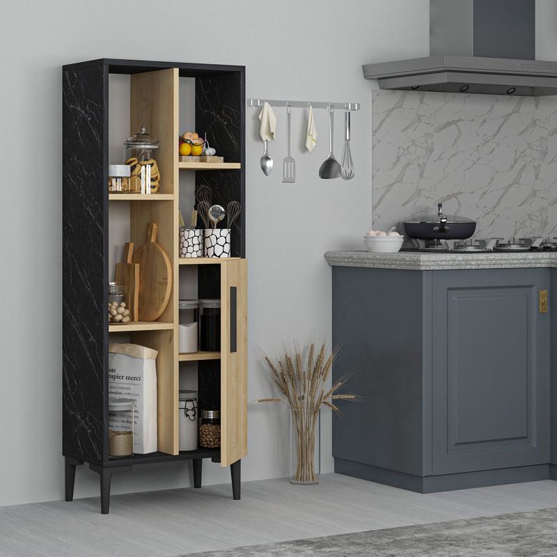 Multi-Purpose Cabinet in Sapphire Oak & Black, 100% Melamine Coated Particle Board, Thickness: 0.7 inches | Numerous Shelves & Additional Storage, Modern Design for Home & Office Use
