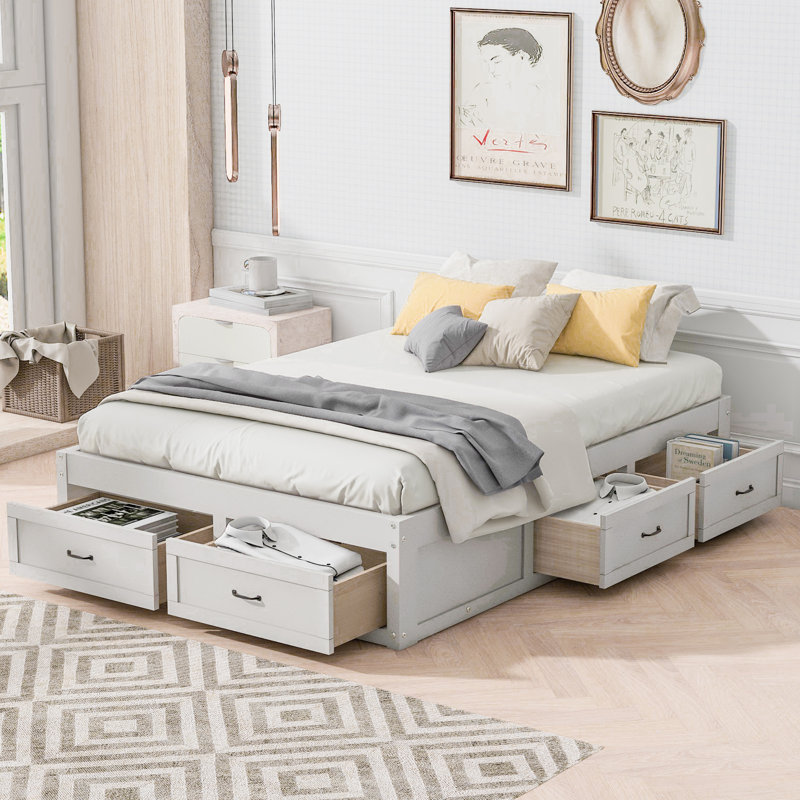 Lit plateforme spacieux avec rangement, MDF blanc antique, maison moderne