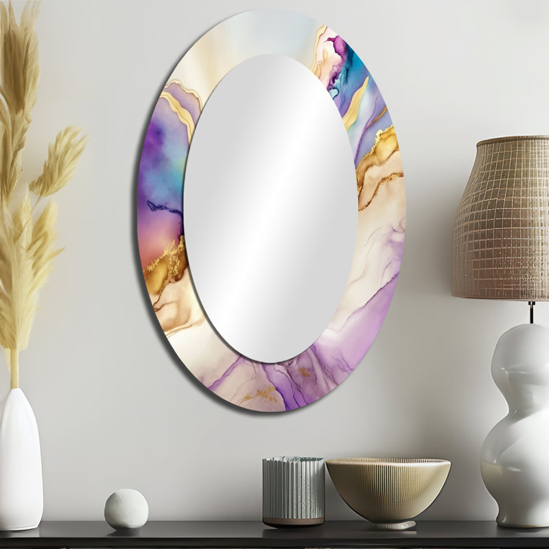 Liquide univers avec une touche d'or V - miroir décoratif ovale abstrait sur métal, 36" x 24"