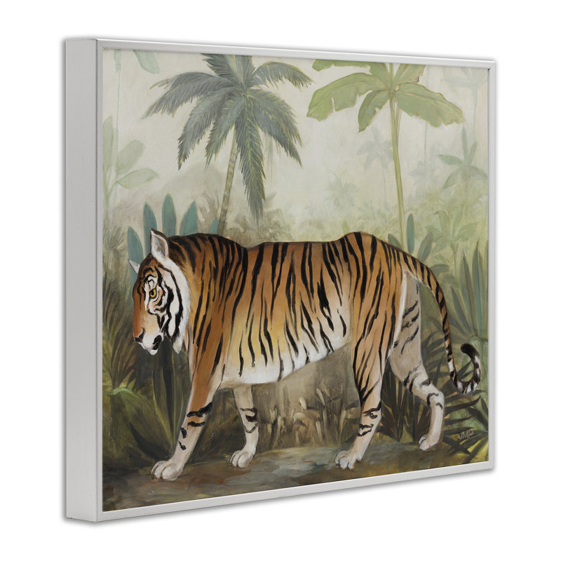 Tigre qui rôde dans la forêt, estampe numérique encadrée par Julia Purinton, Giclée encadrée blanc bord de mer
